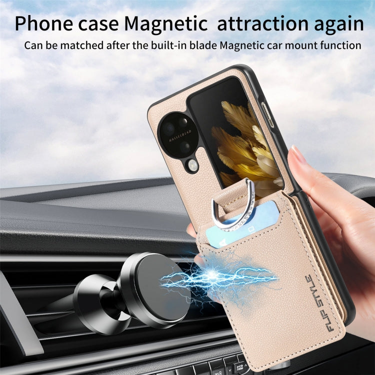For OPPO Find N3 Flip Litchi PU Ring Holder Wallet Phone Case(Khaki)