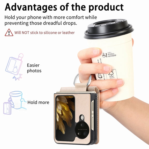 For OPPO Find N3 Flip Litchi PU Ring Holder Wallet Phone Case(Khaki)