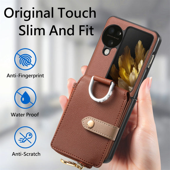 For OPPO Find N3 Flip Vertical Flip Zipper Wallet Ring Leather Phone Case(Brown)
