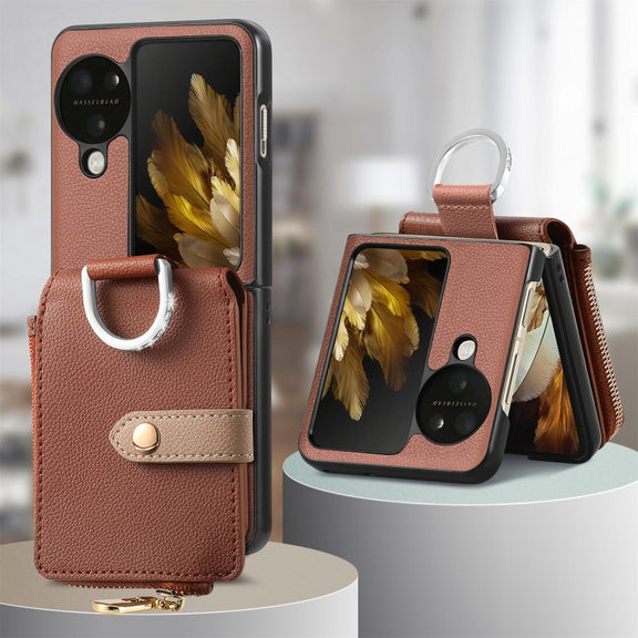 For OPPO Find N3 Flip Vertical Flip Zipper Wallet Ring Leather Phone Case(Brown)