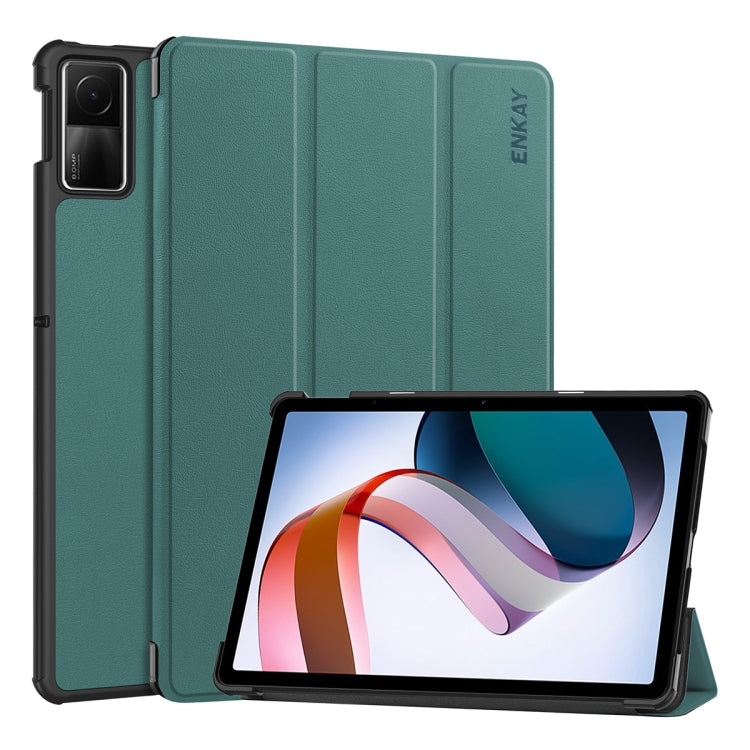 For Redmi Pad SE 11.0 ENKAY Tri-fold Custer Texture Leather Smart Tablet Case(Dark Green)