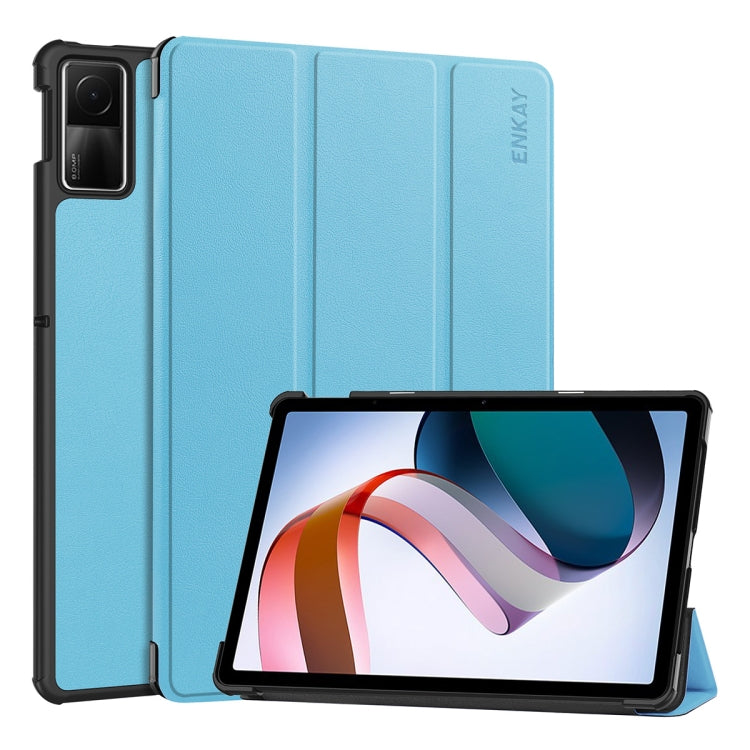 For Redmi Pad SE 11.0 ENKAY Tri-fold Custer Texture Leather Smart Tablet Case(Light Blue)