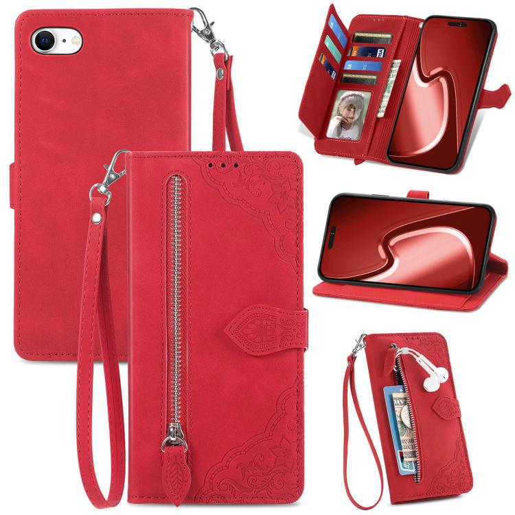 For iPhone 16e Embossed Flower Zipper Leather Phone Case(Red)