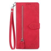 For iPhone 16e Embossed Flower Zipper Leather Phone Case(Red)