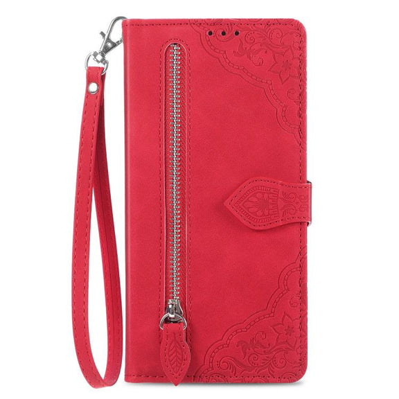 For iPhone 16e Embossed Flower Zipper Leather Phone Case(Red)