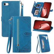 For iPhone 16e Embossed Flower Zipper Leather Phone Case(Blue)