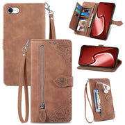 For iPhone 16e Embossed Flower Zipper Leather Phone Case(Brown)