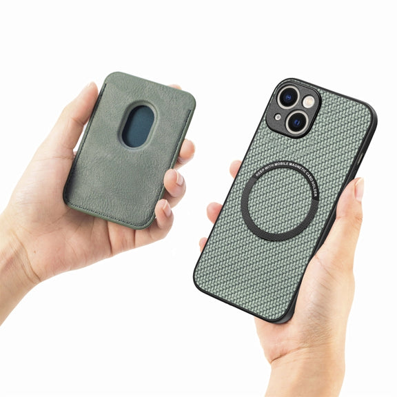 For iPhone 15 Carbon Fiber Leather Card Magsafe Phone Case(Green)