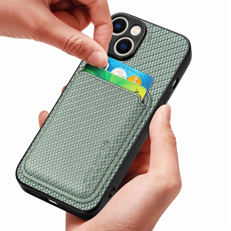 For iPhone 15 Carbon Fiber Leather Card Magsafe Phone Case(Green)