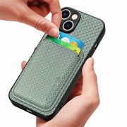 For iPhone 15 Carbon Fiber Leather Card Magsafe Phone Case(Green)