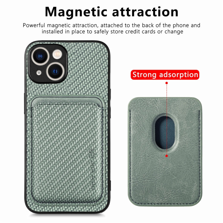 For iPhone 15 Carbon Fiber Leather Card Magsafe Phone Case(Green)
