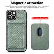 For iPhone 15 Carbon Fiber Leather Card Magsafe Phone Case(Green)