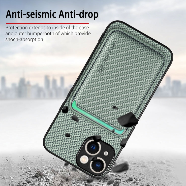 For iPhone 15 Carbon Fiber Leather Card Magsafe Phone Case(Green)