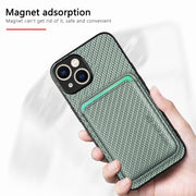 For iPhone 15 Carbon Fiber Leather Card Magsafe Phone Case(Green)