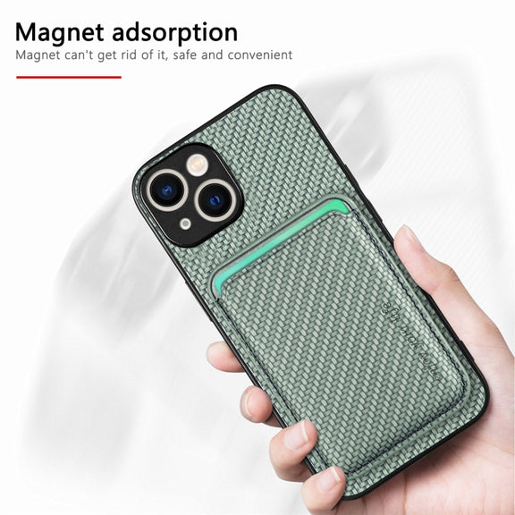 For iPhone 15 Carbon Fiber Leather Card Magsafe Phone Case(Green)