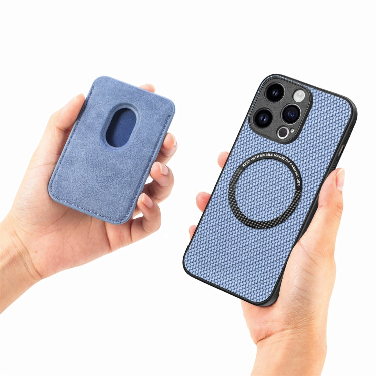For iPhone 15 Pro Carbon Fiber Leather Card Magsafe Phone Case(Blue)