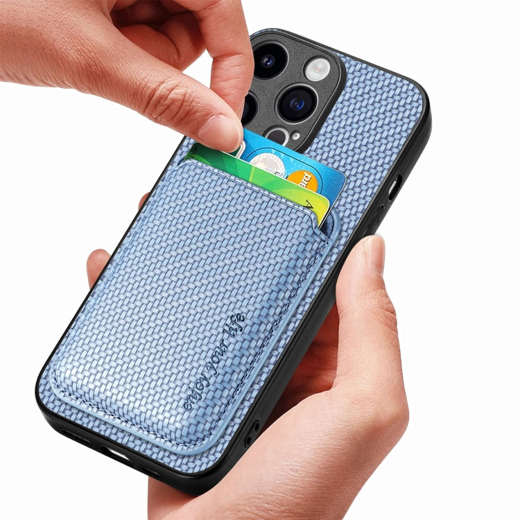 For iPhone 15 Pro Carbon Fiber Leather Card Magsafe Phone Case(Blue)