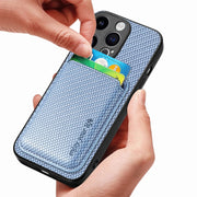 For iPhone 15 Pro Carbon Fiber Leather Card Magsafe Phone Case(Blue)
