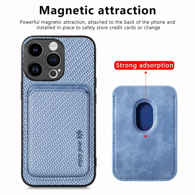 For iPhone 15 Pro Carbon Fiber Leather Card Magsafe Phone Case(Blue)