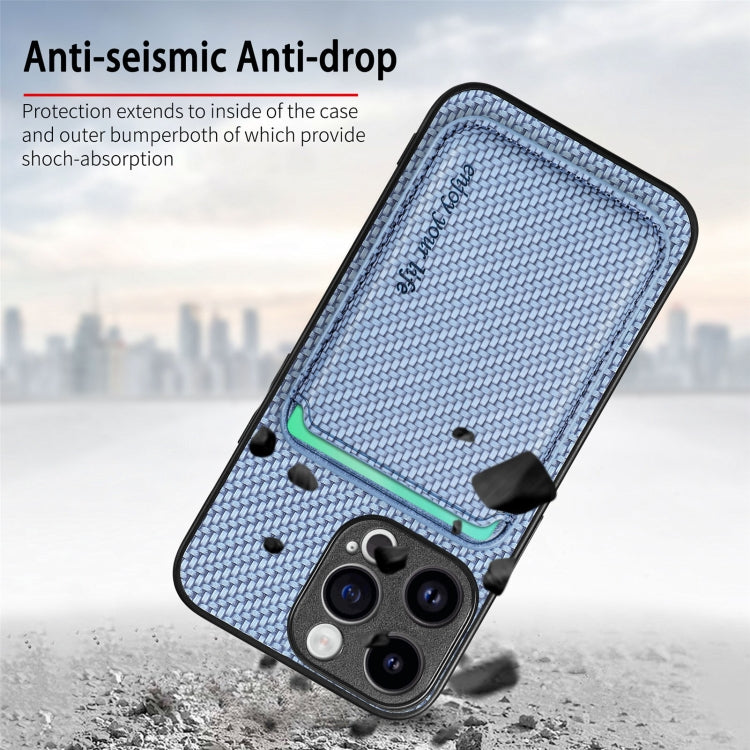 For iPhone 15 Pro Carbon Fiber Leather Card Magsafe Phone Case(Blue)