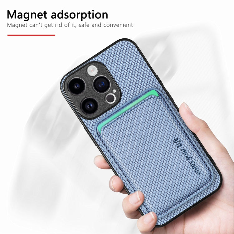 For iPhone 15 Pro Carbon Fiber Leather Card Magsafe Phone Case(Blue)