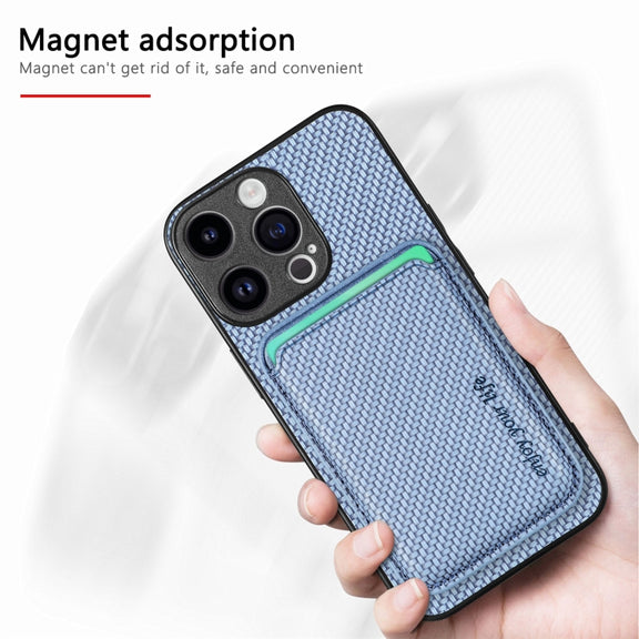 For iPhone 15 Pro Carbon Fiber Leather Card Magsafe Phone Case(Blue)