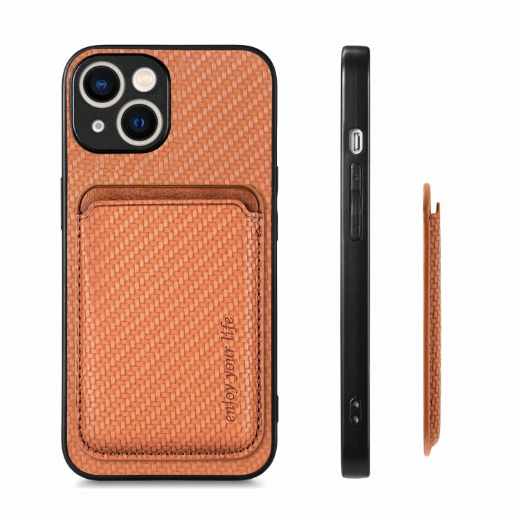 For iPhone 15 Plus Carbon Fiber Leather Card Magsafe Phone Case(Brown)