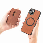 For iPhone 15 Plus Carbon Fiber Leather Card Magsafe Phone Case(Brown)