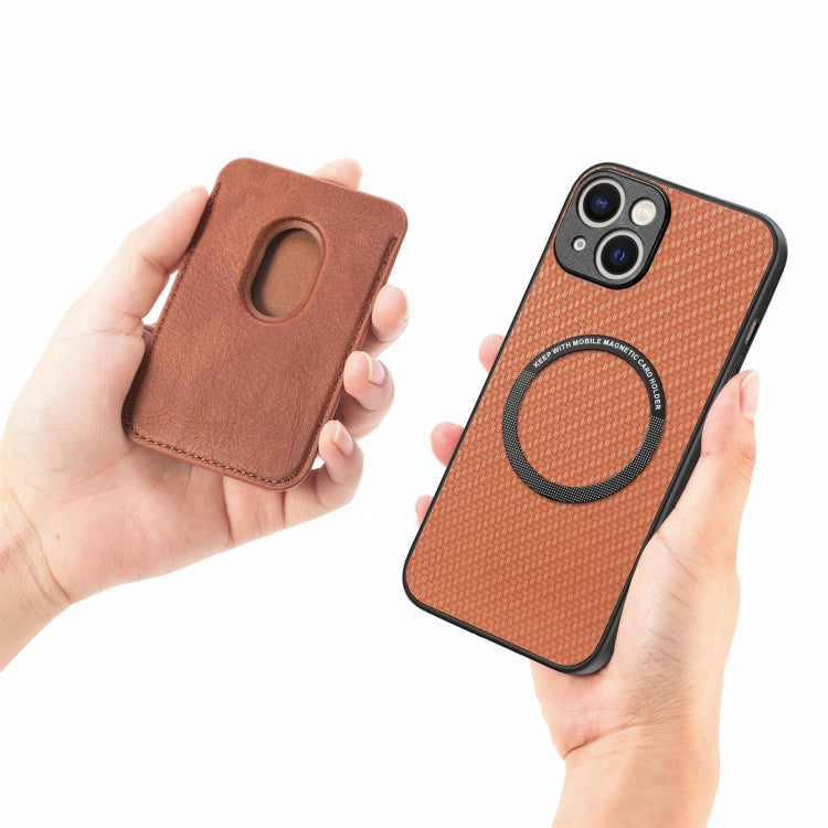 For iPhone 15 Plus Carbon Fiber Leather Card Magsafe Phone Case(Brown)