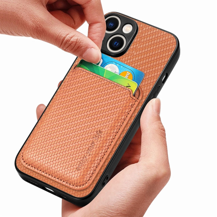 For iPhone 15 Plus Carbon Fiber Leather Card Magsafe Phone Case(Brown)