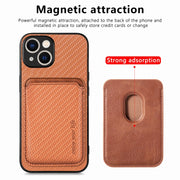 For iPhone 15 Plus Carbon Fiber Leather Card Magsafe Phone Case(Brown)