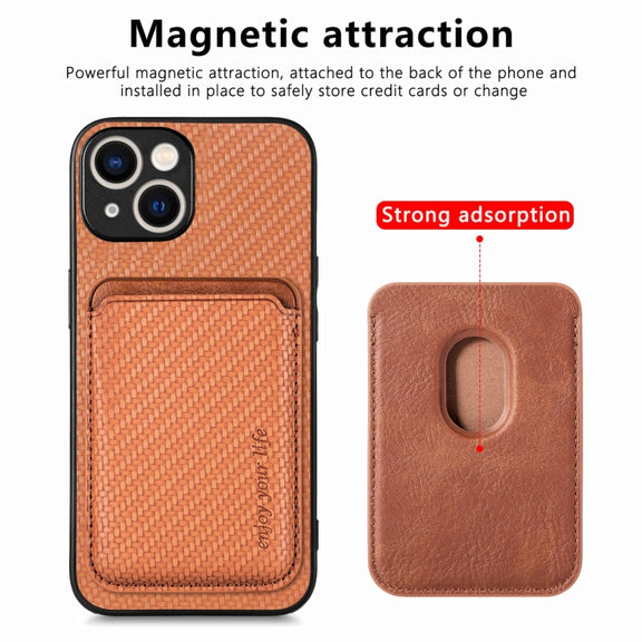 For iPhone 15 Plus Carbon Fiber Leather Card Magsafe Phone Case(Brown)