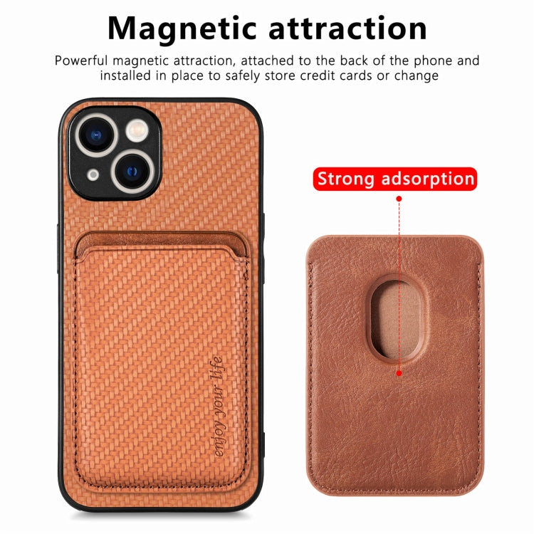 For iPhone 15 Plus Carbon Fiber Leather Card Magsafe Phone Case(Brown)