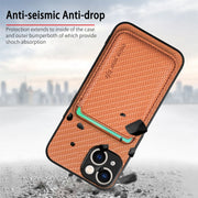 For iPhone 15 Plus Carbon Fiber Leather Card Magsafe Phone Case(Brown)