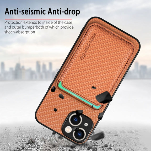 For iPhone 15 Plus Carbon Fiber Leather Card Magsafe Phone Case(Brown)