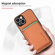 For iPhone 15 Plus Carbon Fiber Leather Card Magsafe Phone Case(Brown)