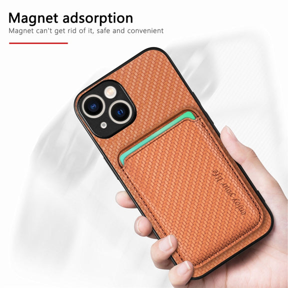 For iPhone 15 Plus Carbon Fiber Leather Card Magsafe Phone Case(Brown)