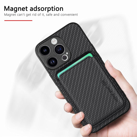 For iPhone 15 Pro Max Carbon Fiber Leather Card Magsafe Phone Case(Black)