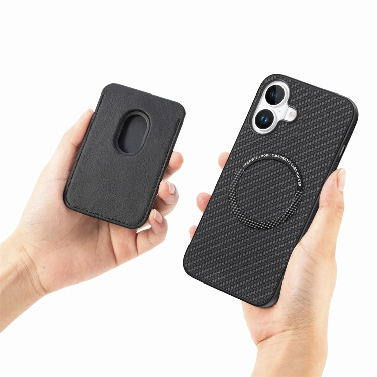 For iPhone 16 Carbon Fiber Leather Card Magsafe Phone Case(Black)