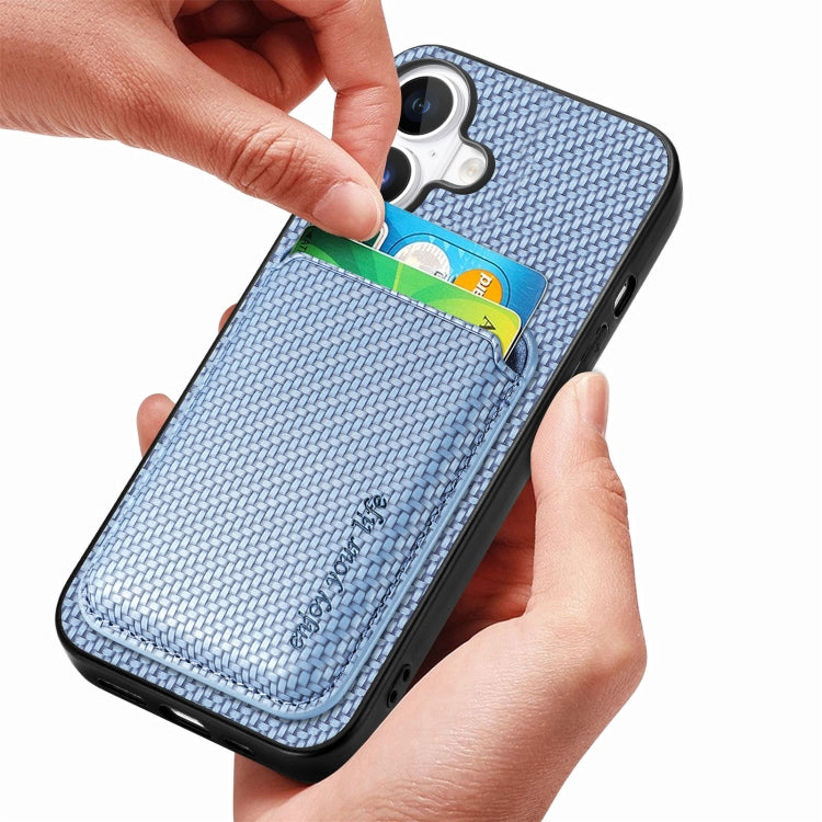 For iPhone 16 Carbon Fiber Leather Card Magsafe Phone Case(Blue)