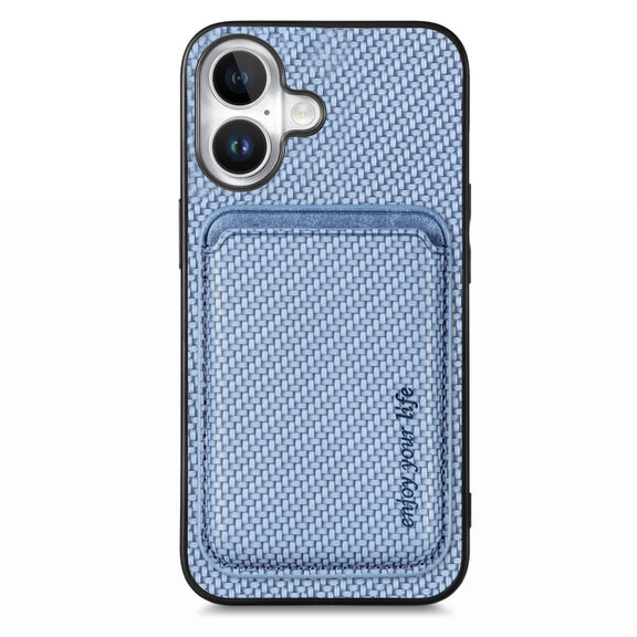 For iPhone 16 Carbon Fiber Leather Card Magsafe Phone Case(Blue)