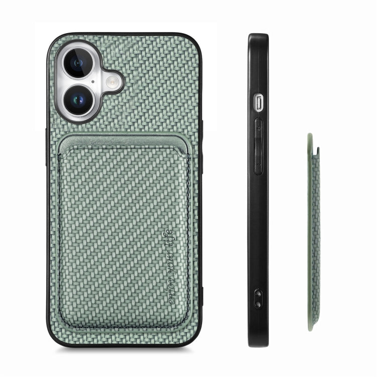 For iPhone 16 Carbon Fiber Leather Card Magsafe Phone Case(Green)