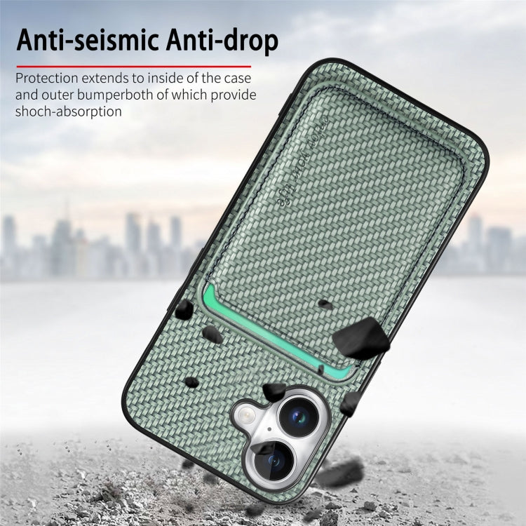 For iPhone 16 Carbon Fiber Leather Card Magsafe Phone Case(Green)