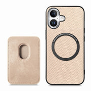 For iPhone 16 Carbon Fiber Leather Card Magsafe Phone Case(Khaki)