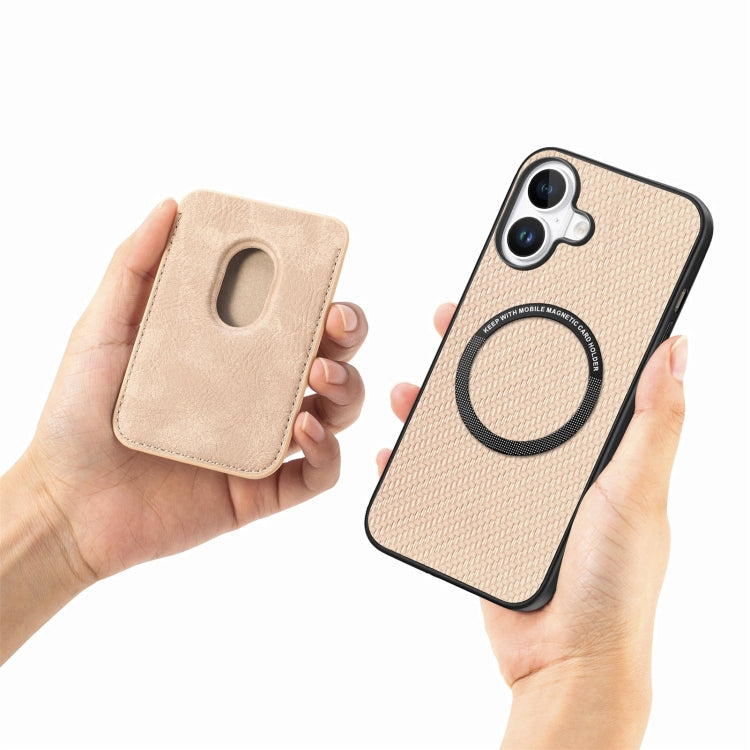 For iPhone 16 Carbon Fiber Leather Card Magsafe Phone Case(Khaki)