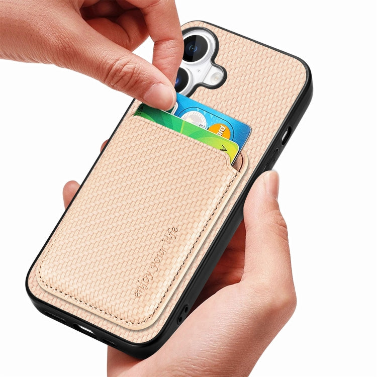 For iPhone 16 Carbon Fiber Leather Card Magsafe Phone Case(Khaki)