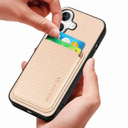 For iPhone 16 Carbon Fiber Leather Card Magsafe Phone Case(Khaki)