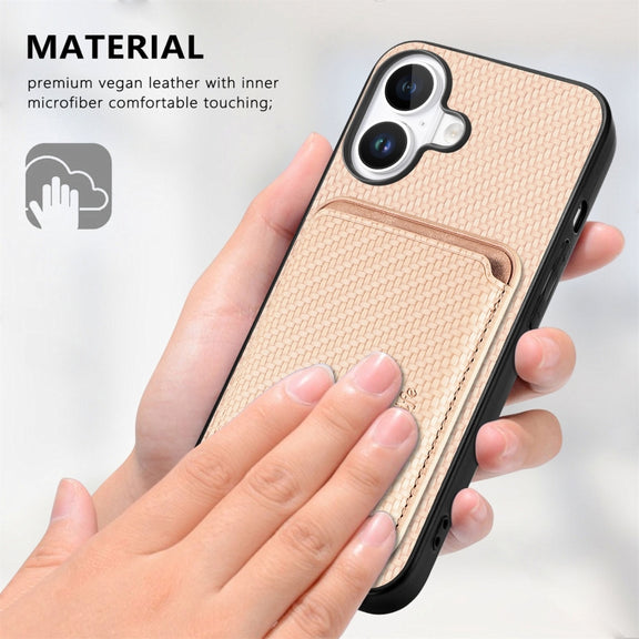 For iPhone 16 Carbon Fiber Leather Card Magsafe Phone Case(Khaki)