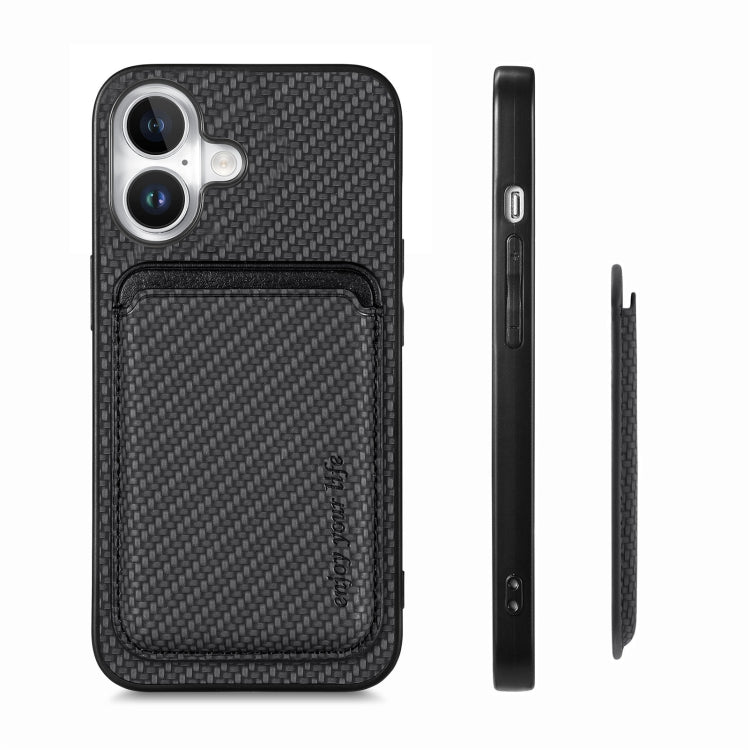 For iPhone 16 Plus Carbon Fiber Leather Card Magsafe Phone Case(Black)