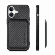 For iPhone 16 Plus Carbon Fiber Leather Card Magsafe Phone Case(Black)
